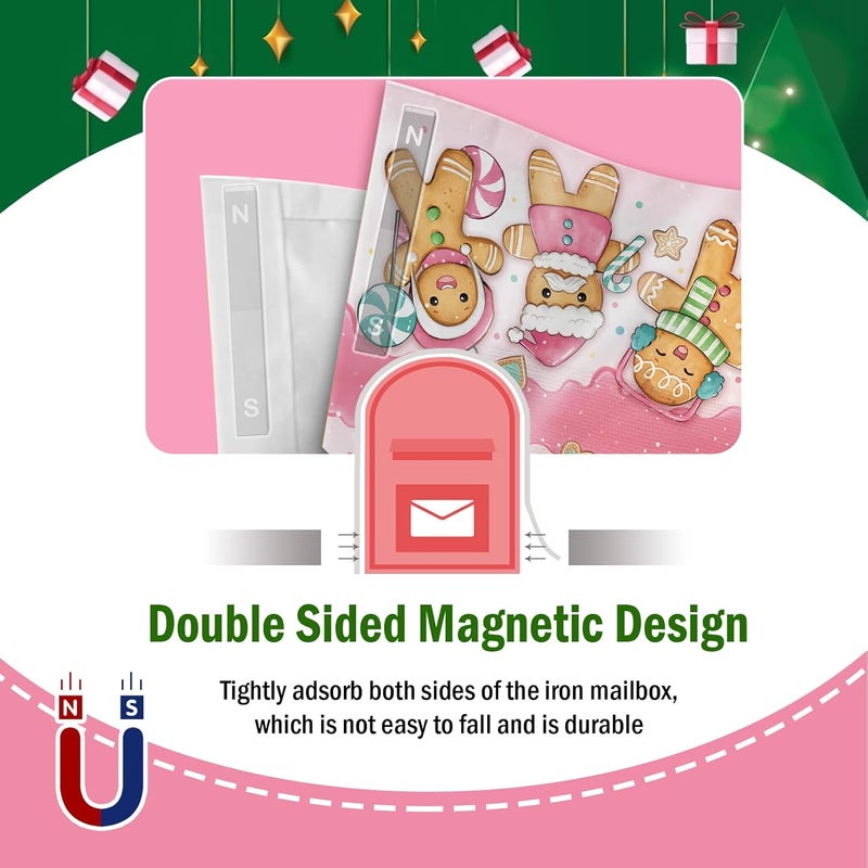FBCOO Pink Christmas Mailbox Cover Magnetic Standard Size 20.5" x 18", Xmas Gingerbread Man Peppermint Candy Decorative Post Letter Box Wrap Decor, Winter Holiday Garden Yard Outdoor Decoration - Image 5